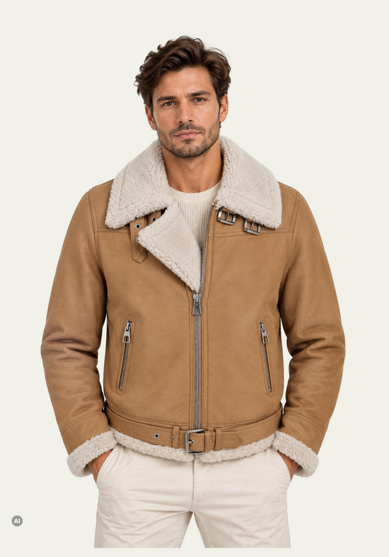 Beige Herren-Lammfelljacke aus gelocktem Lammfell als Trageansicht mit Stehkragen und Taschen