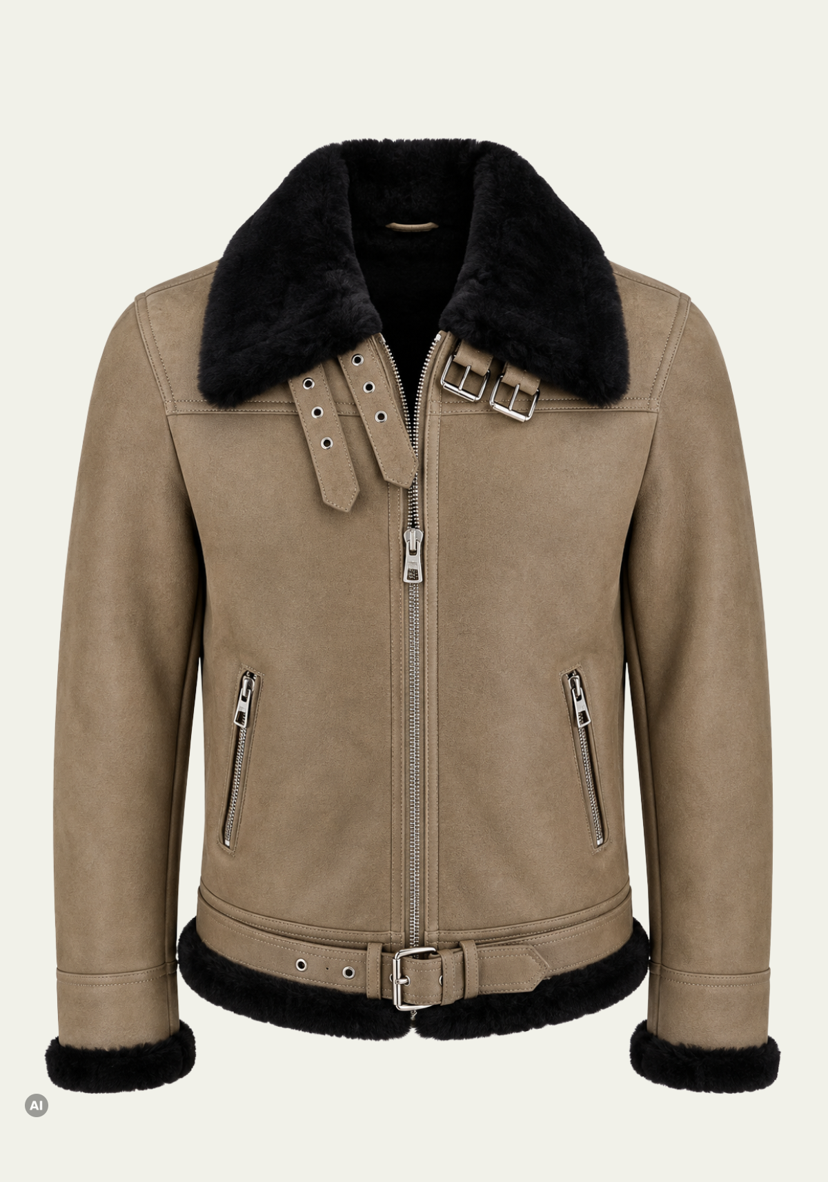 Lammfelljacke für Herren in Camel mit schwarzem Lammfellkragen, Frontansicht