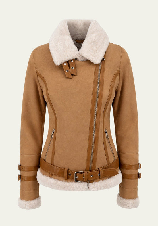 Lammfelljacke Melli Beese in Beige, Vorderansicht mit Lammfellkragen und -manschetten