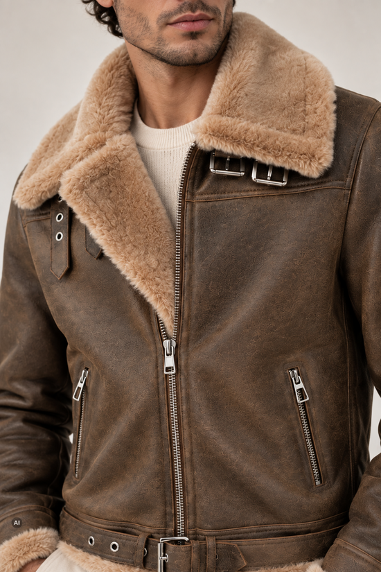 Nahaufnahme der Herren-Lammfelljacke aus Merino-Lammfell mit Reißverschluss, Kragen und Schulterdetail.