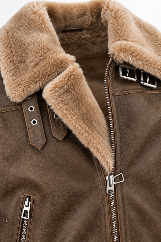 Detailansicht des weichen Merino-Lammfellkragens an der Herrenjacke in Walnuss und Cappuccino.