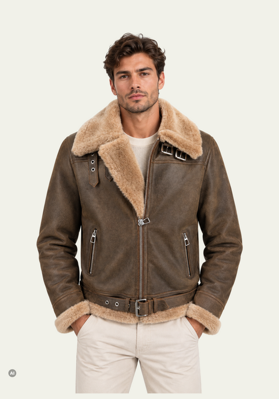 Herren-Lammfelljacke aus Merino-Lammfell in Walnuss und Cappuccino am Modell von vorn.