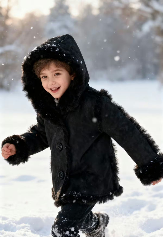 Schwarze Lammfelljacke für Kinder mit Kapuze und Fellbesatz, seitlich getragen im Schnee.