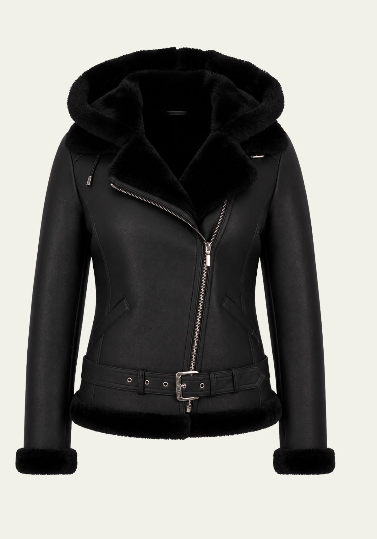 Schwarze Lammfelljacke mit Merino aus Leder, Vorderansicht mit abnehmbarer Kapuze und Lammfellkragen