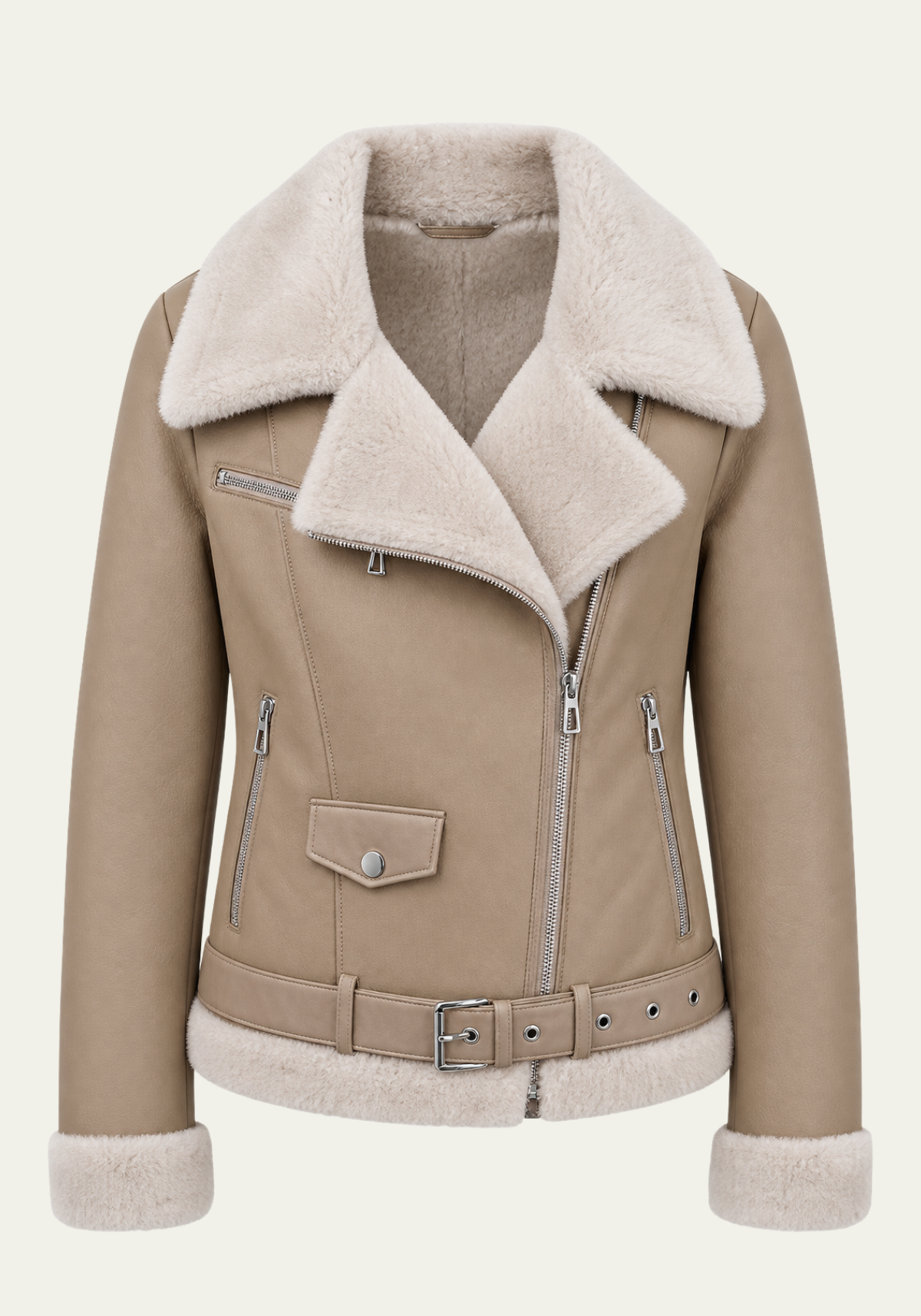 Lammfelljacke Merino Thyra beige mit Lammfellkragen und Manschetten, Frontalansicht des Designs