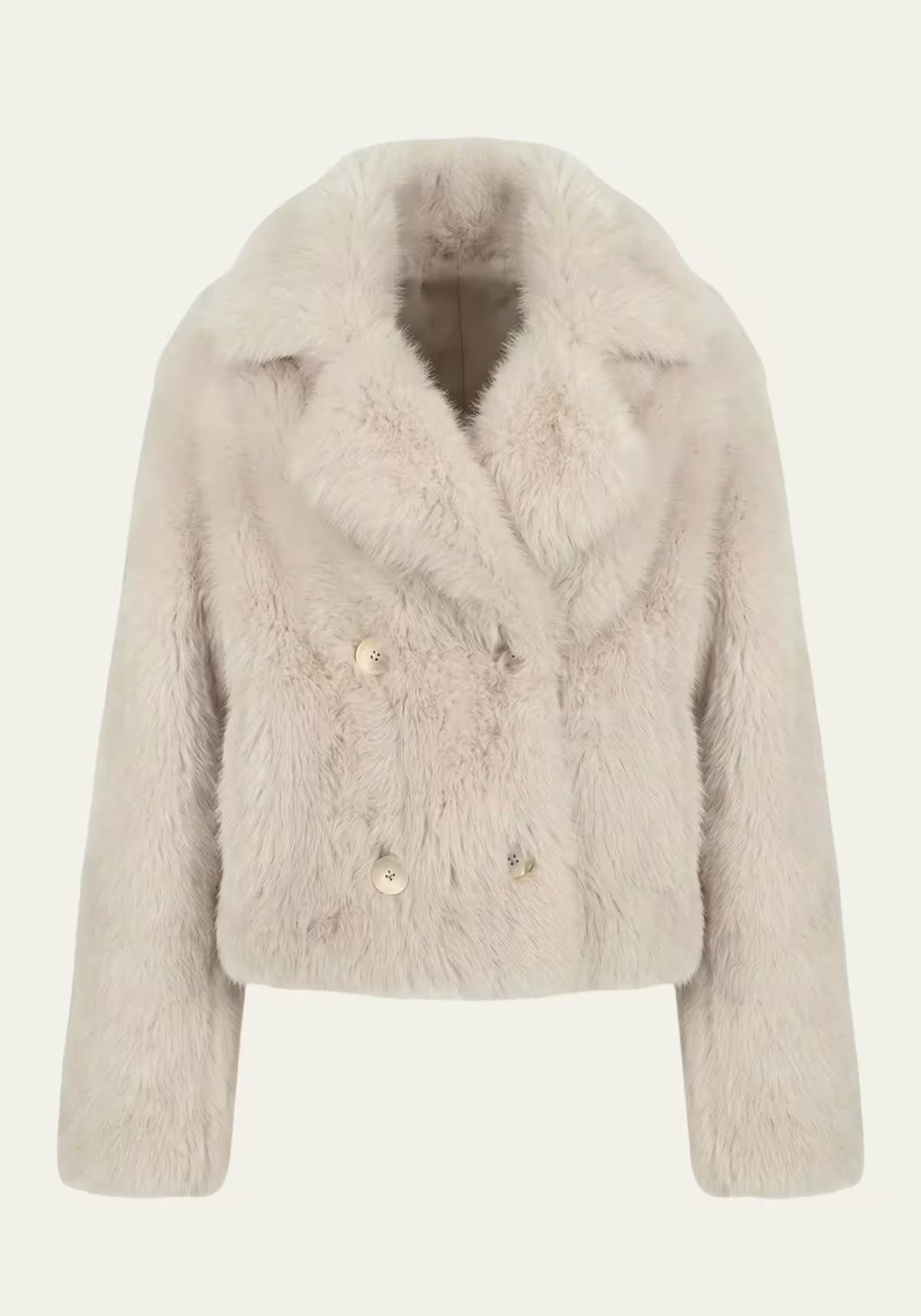 Creme-beige Lammfelljacke aus Sheepskin in Frontansicht, mit breitem Revers und Knopfleiste.