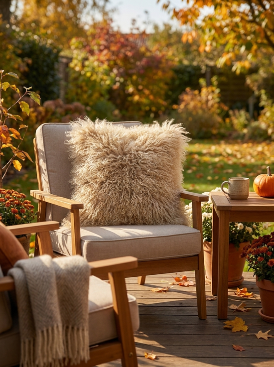 Beiges Lammfellkissen auf einem Gartenstuhl im Außenbereich mit herbstlicher Terrasse.