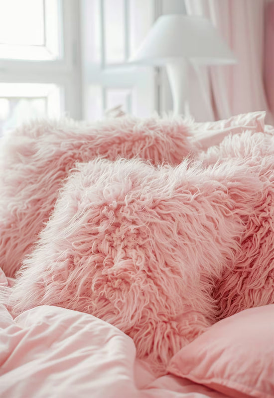 Mehrere rosa Lammfellkissen auf einem Bett mit heller Bettwäsche und weichen Falten.
