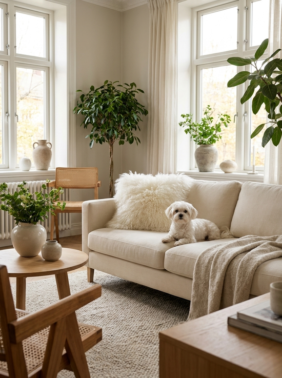 Weißes Lammfellkissen auf dem Sofa neben einem kleinen Hund in einem hellen Wohnraum.
