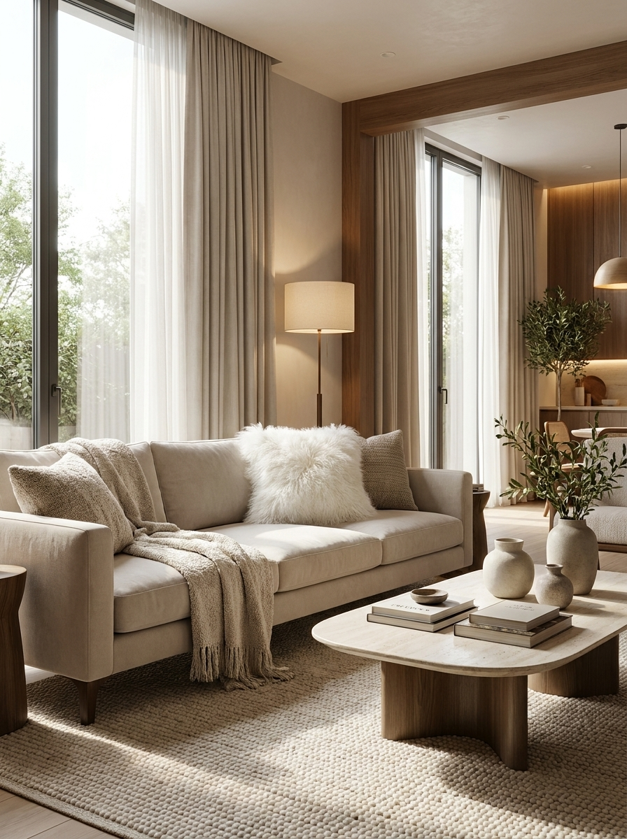 Lammfellkissen aus weißem Lammfell auf dem Sofa im hellen Wohnzimmer, als Wohnaccessoire gezeigt.