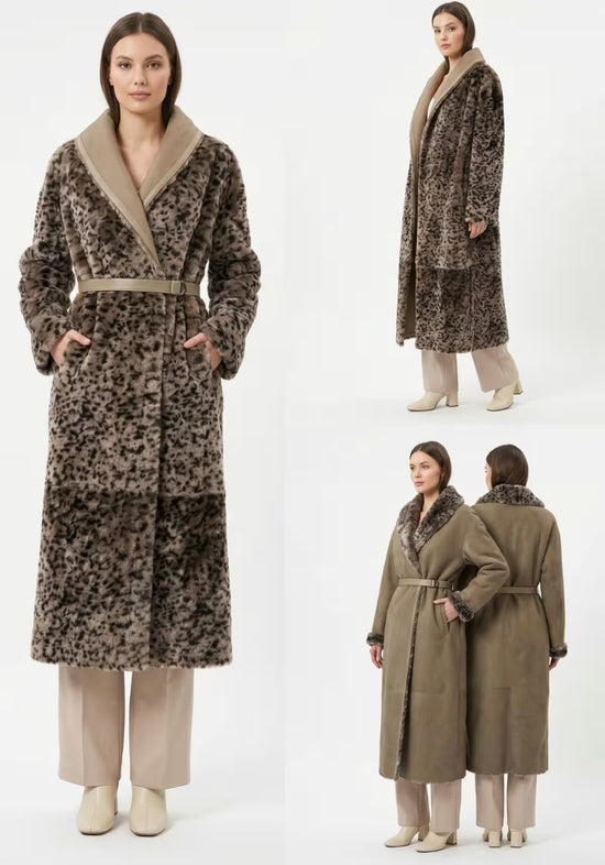 Lammfell-Wendemantel für Damen mit Leoparden-Dessin in Taupe und Sandton, Front-, Seiten- und Rückenansicht
