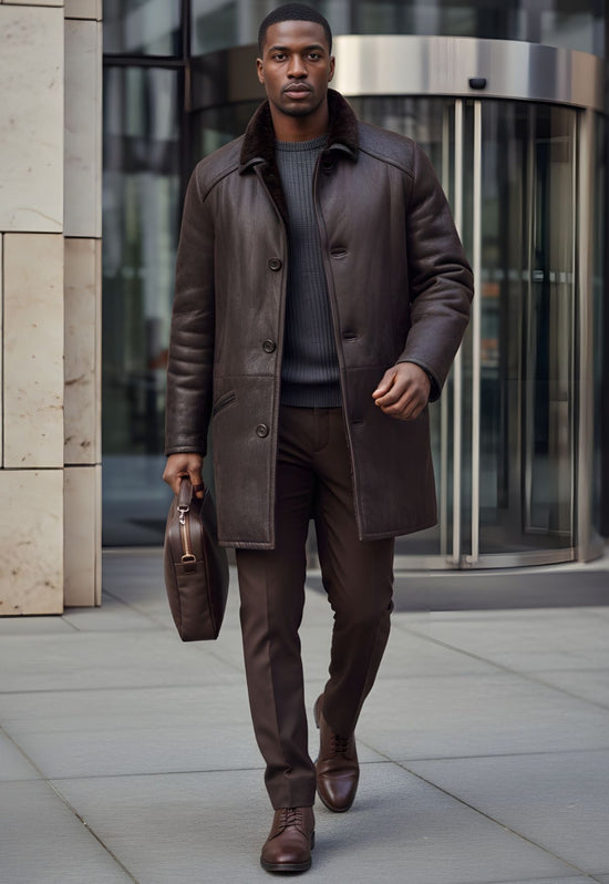 Brauner Herren-Lammfellmantel im Outdoor-Look, vorne getragen mit Tasche und Lederschuhen