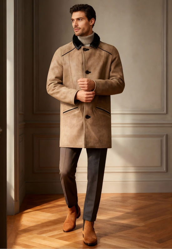 Herren-Lammfellmantel in Camel frontal getragen, mit schwarzem Kragen, Knopfleiste und seitlichen Taschen.