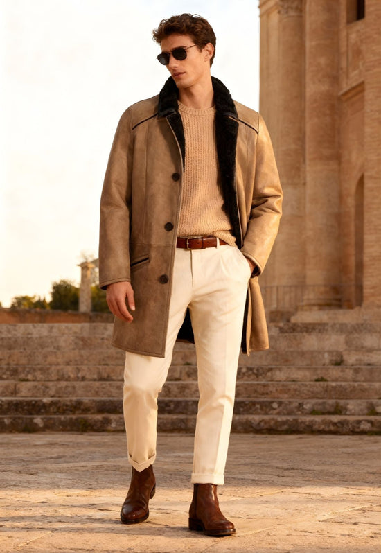 Herren-Lammfellmantel in Camel an einem Mann getragen, offen gezeigt, mit schwarzem Kragen und Lederschuhen.