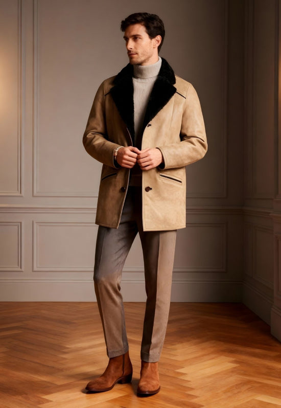 Herren-Lammfellmantel in Camel im Innenraum getragen, mit schwarzem Kragen, Knöpfen und schmaler Passform.