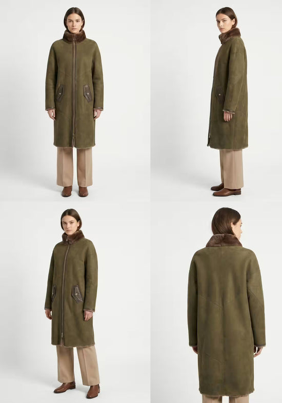 Lammfellmantel für Damen in Oliv als Vierfachansicht von vorne, seitlich und von hinten.