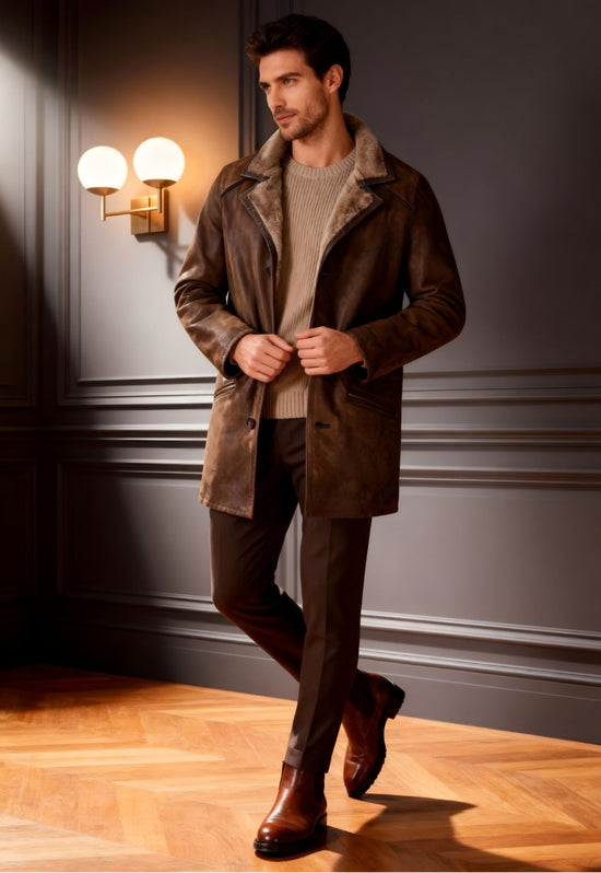 Herren Lammfellmantel in Chocolate am Model, offen getragen mit Hemd und elegantem Look.
