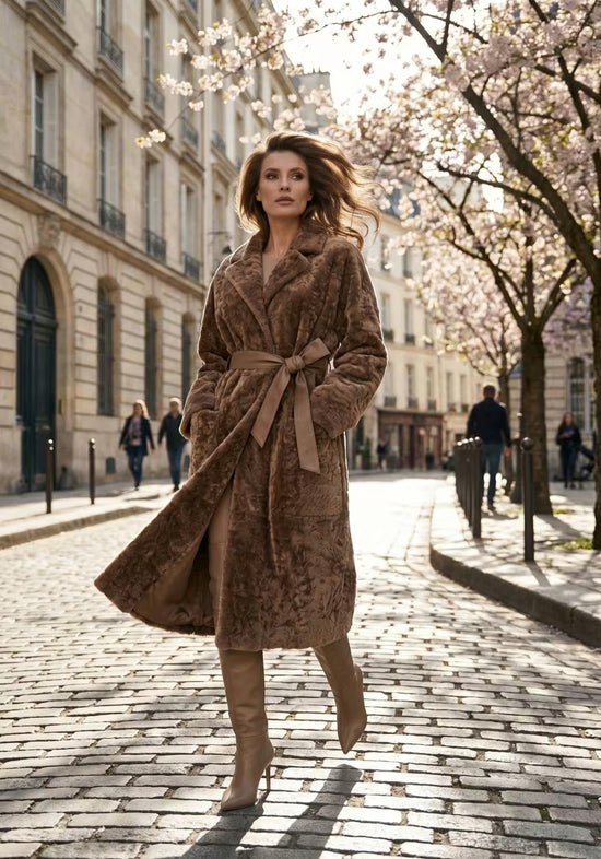 Damen-Lammfellmantel aus Shearling in Cappuccino, außen getragen auf der Straße