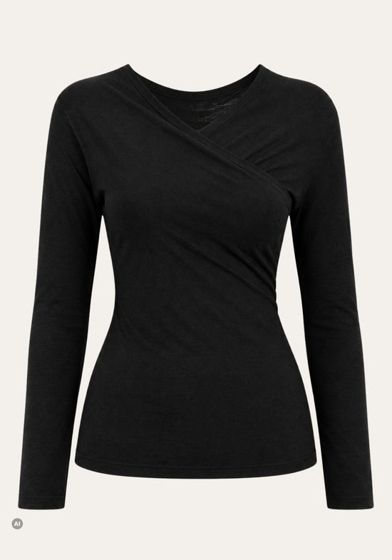 Schwarzes Damen-Langarmshirt aus Lyocell und Merinowolle in Frontansicht, freigestellt.
