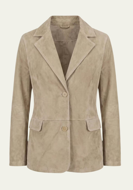 Beiger Damen-Lederblazer aus Veloursleder in Frontansicht mit Reverskragen und Taschenpatten.