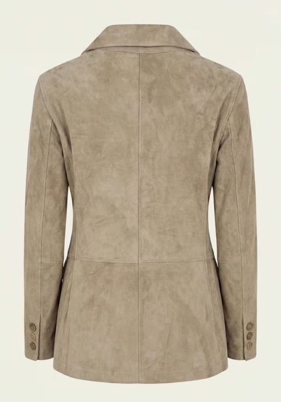 Beiger Damen-Lederblazer aus Veloursleder in Rückansicht mit betonter Taillenform und Ärmeln.