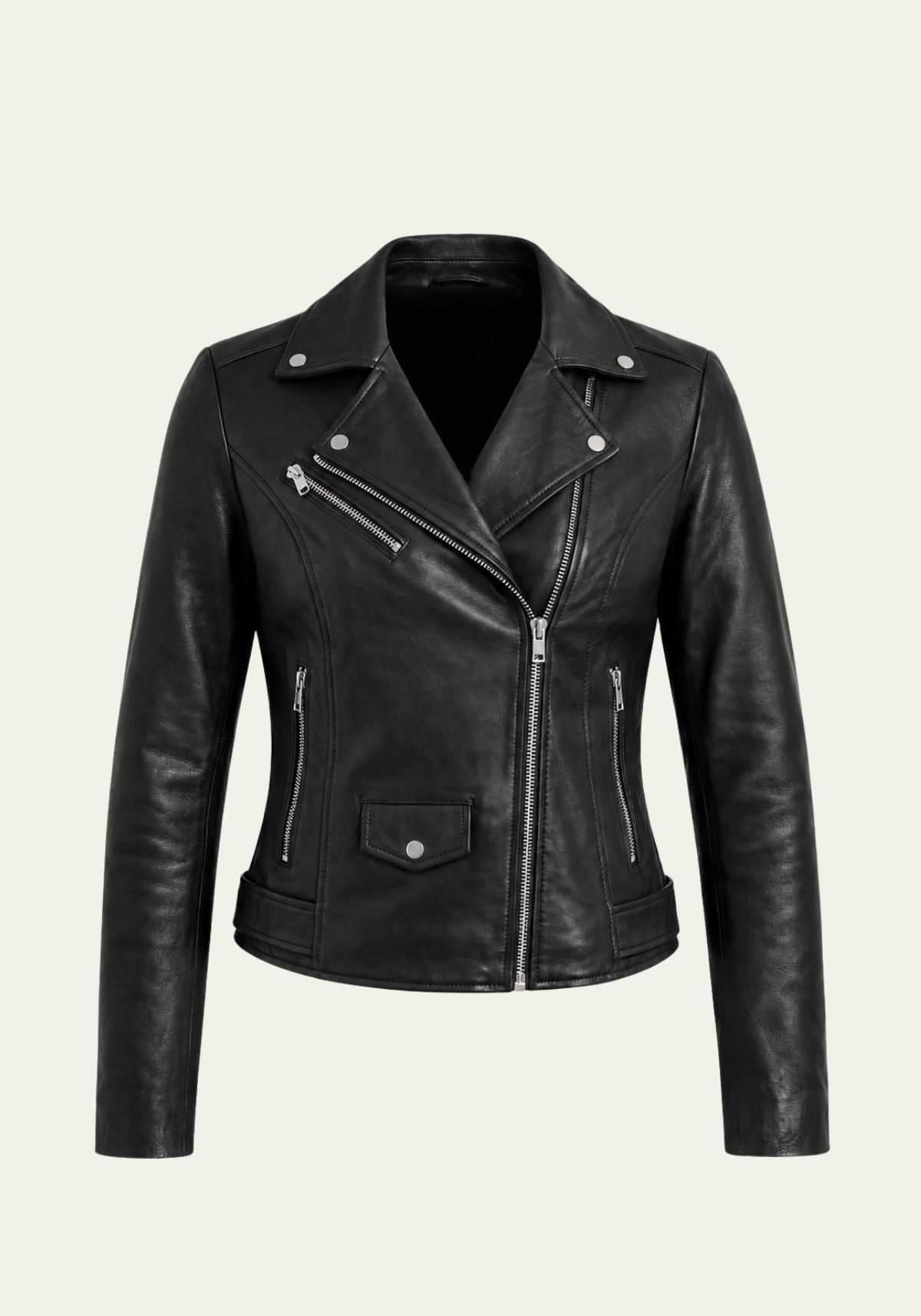 Schwarze Damen Lederjacke Biker-Stil aus Lammnappaleder, Vorderansicht auf neutralem Hintergrund