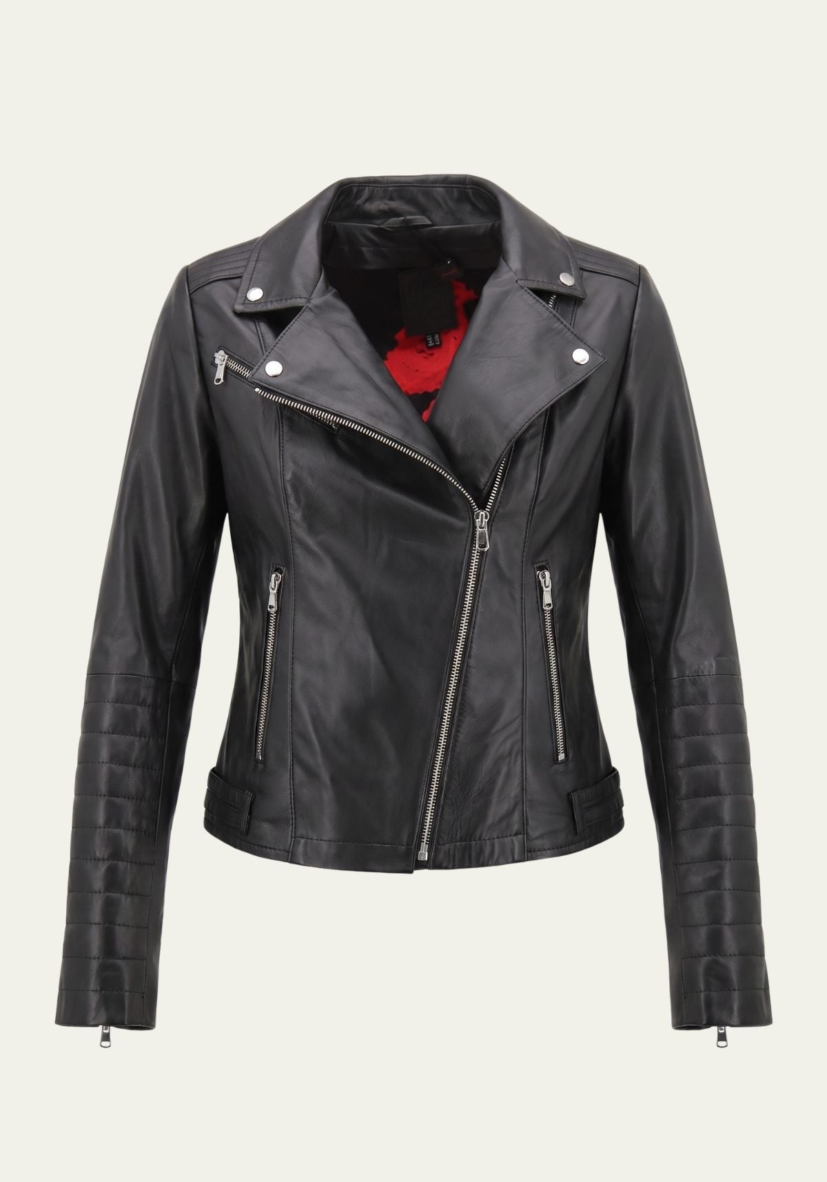 Damen Lederjacke Lammnappa schwarz Biker-Style Vorderansicht mit rotem Innenfutter