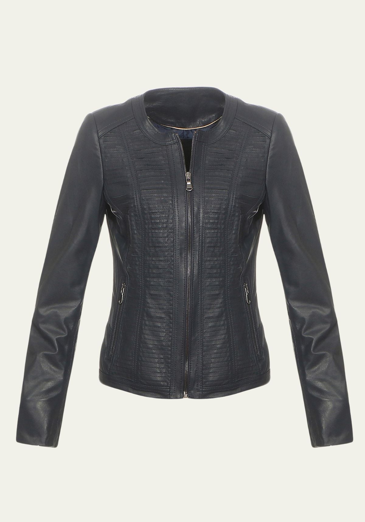 Damen Lederjacke aus Lammnappa in Dunkelblau mit Quersteifen, Vorderansicht flach