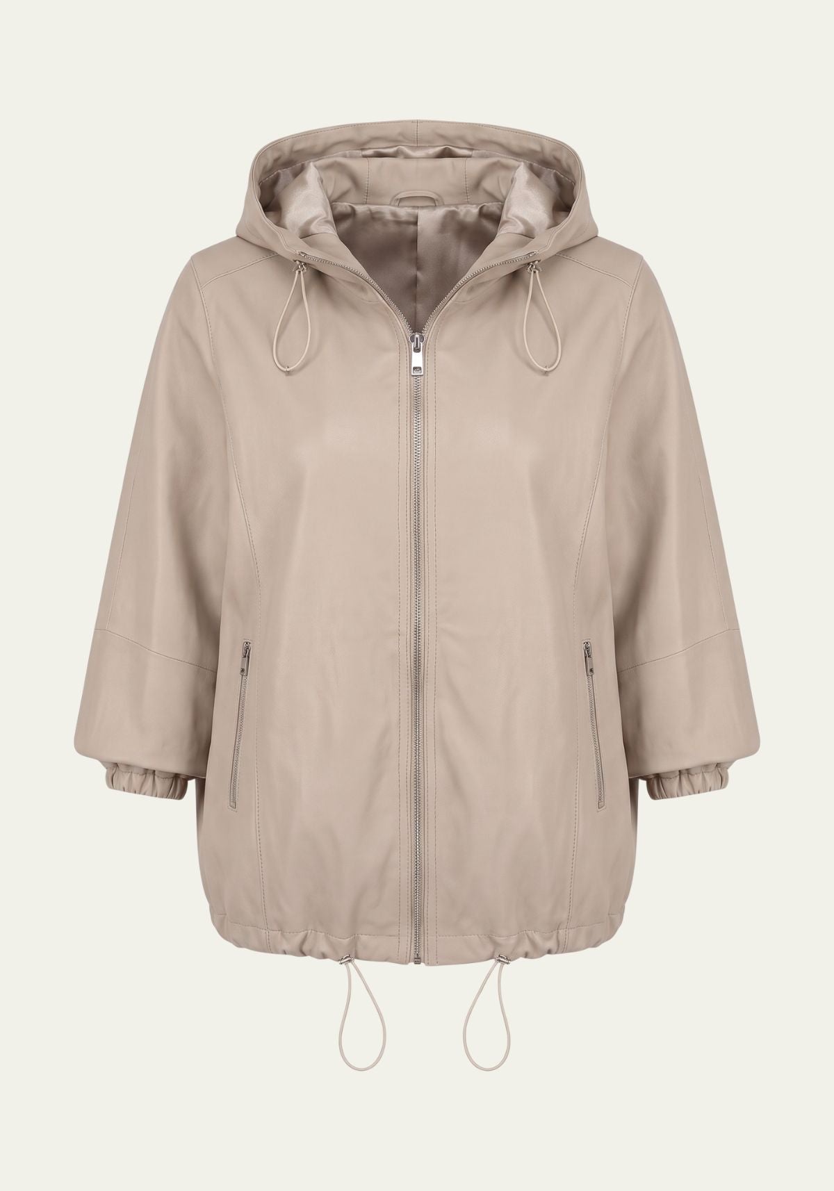 Damen Lederjacke aus Lammnappaleder in Beige, Oversize-Modell, Vorderansicht mit offener Kapuze