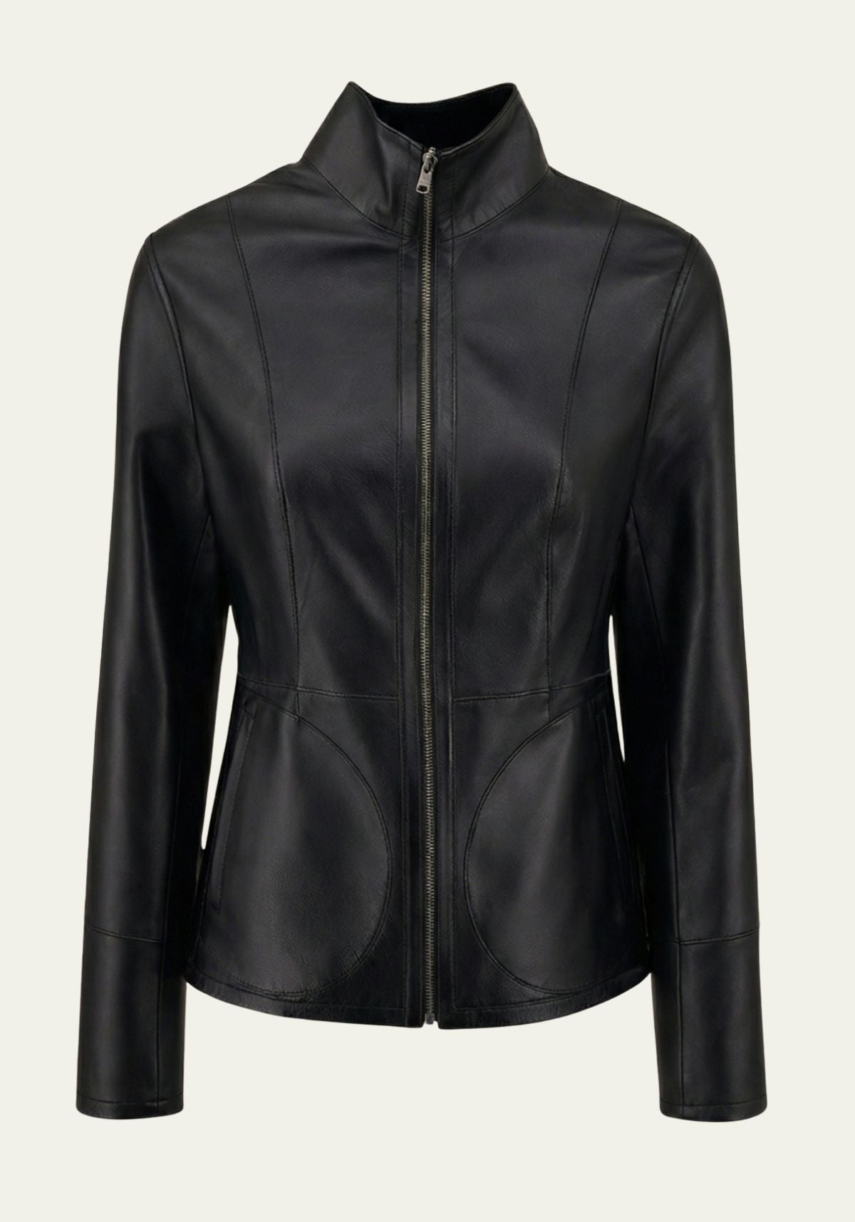 Damen-Lederjacke in Schwarz als Frontansicht mit Stehkragen und Reißverschluss.