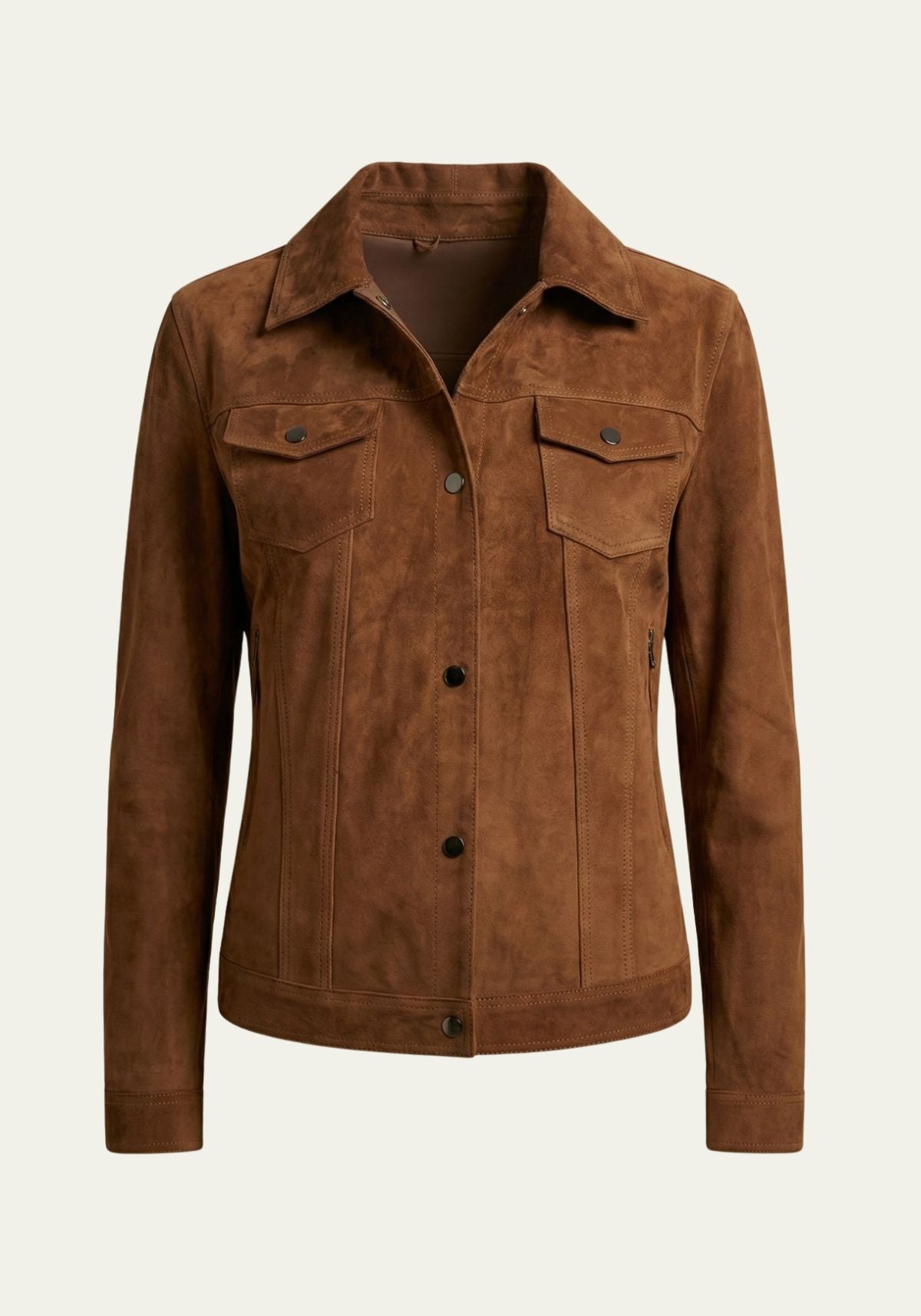 Damen-Lederjacke aus Veloursleder in Braun, vorne mit Brusttaschen und Knopfleiste