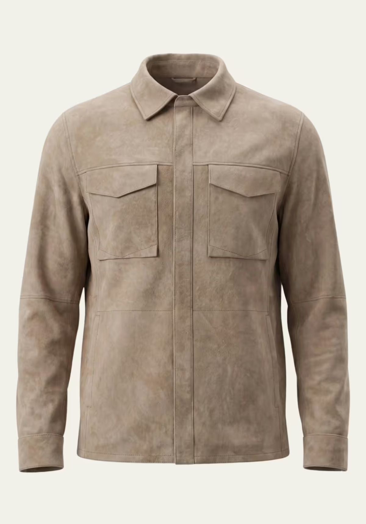 Beige Herren-Lederjacke aus Veloursleder in Frontansicht mit zwei Brusttaschen