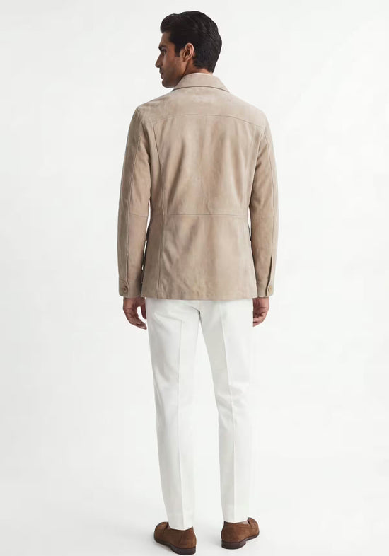 Beige Herren-Lederjacke aus Veloursleder in der Rückansicht mit geradem Schnitt