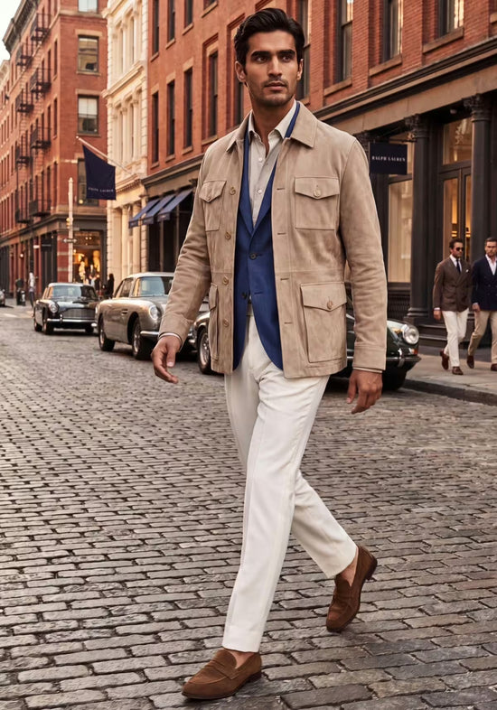 Beige Herren-Lederjacke aus Veloursleder in der Straßenansicht mit weißer Hose