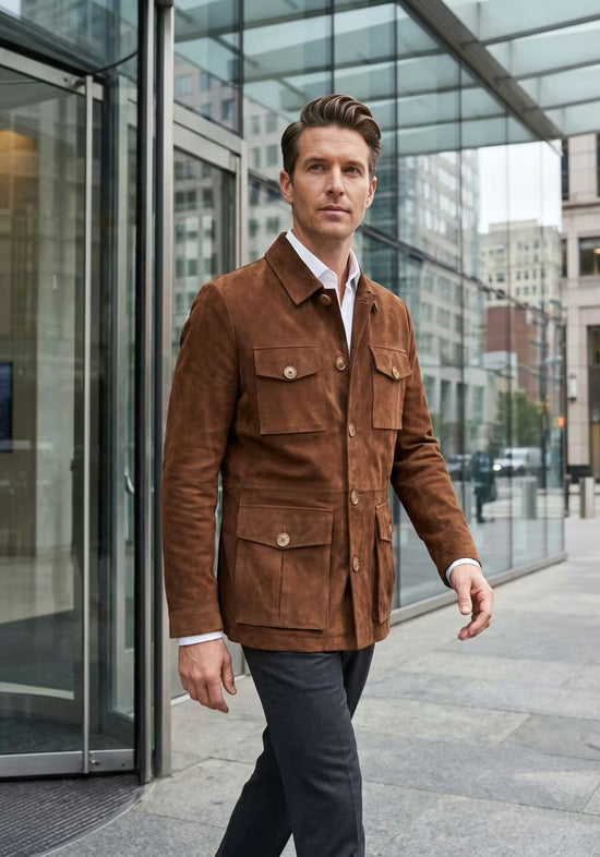 Herren-Lederjacke aus Veloursleder in Cognac, draußen getragen vor Glasfassade in Ganzkörperansicht.