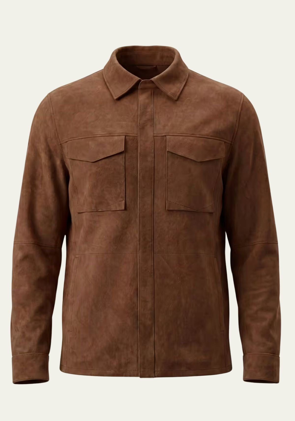 Herren-Lederjacke aus Veloursleder in Cognac, freigestellt von vorne mit zwei Brusttaschen.
