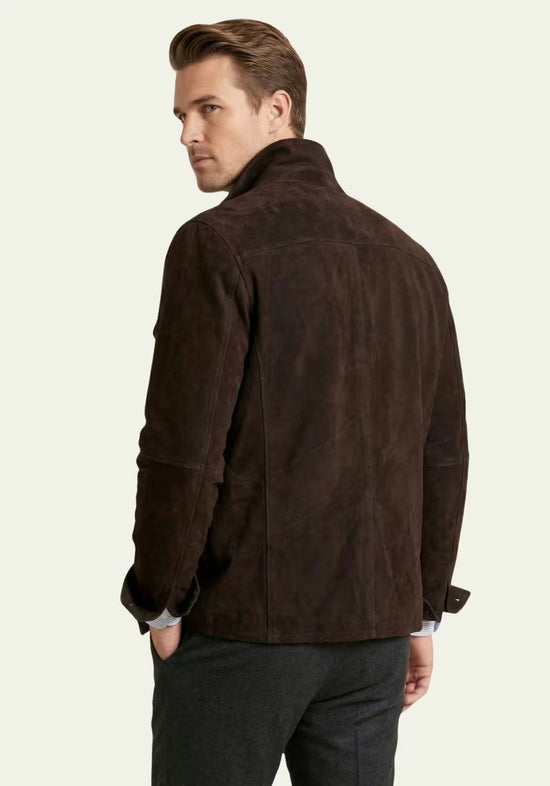Herren-Lederjacke aus Veloursleder in Dunkelbraun, Rückansicht getragen mit Stehkragen