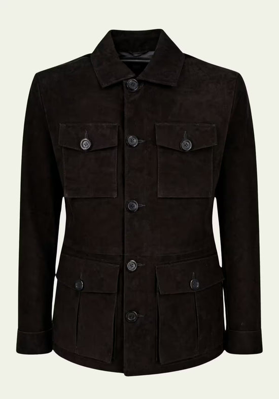 Herren-Lederjacke aus Veloursleder in Schwarz, frontale Ansicht mit vier Taschen und Knöpfen.