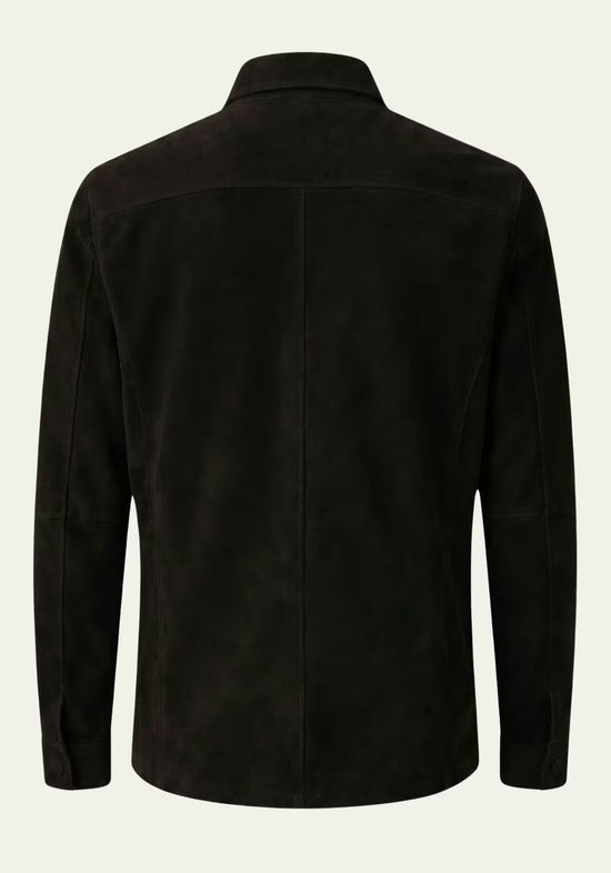 Rückseite der schwarzen Herren-Lederjacke aus Veloursleder, freigestellt mit mittiger Naht.
