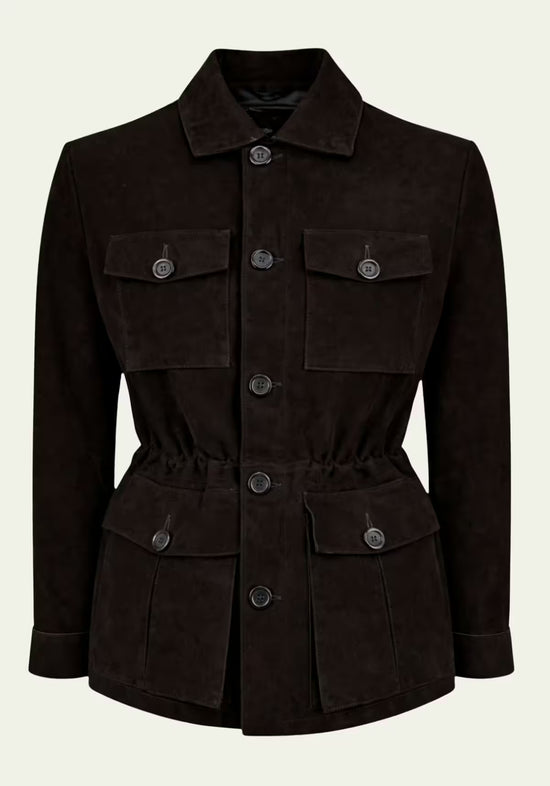 Herren-Lederjacke aus Veloursleder in Schwarz, taillierte Frontansicht mit Kordelzug in der Taille.