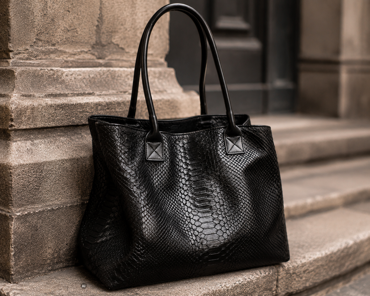 LOLA – Tasche aus italienischem italienischem Leder mit Python-Prägung – Schwarz