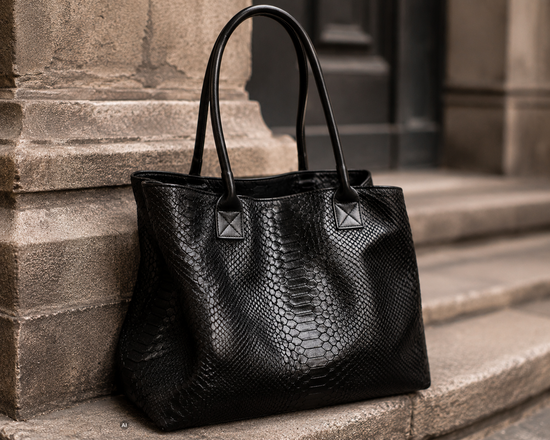 LOLA – Tasche aus italienischem italienischem Leder mit Python-Prägung – Schwarz