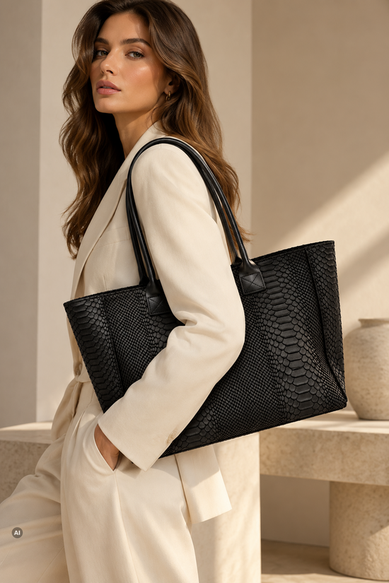 LOLA – Tasche aus italienischem italienischem Leder mit Python-Prägung – Schwarz