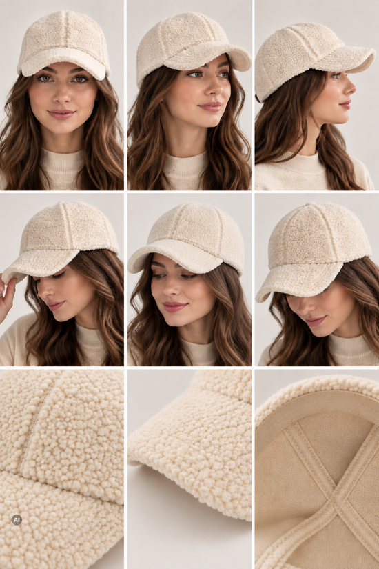 Damen-Lammfellmütze in Creme in mehreren Ansichten mit Nahaufnahmen von Schirm und Innenfutter.