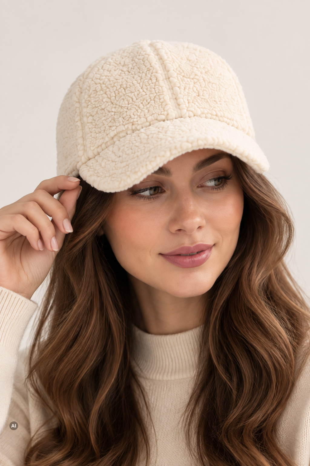 Damen-Lammfellmütze in Creme als Frontansicht, getragen mit breiter Schirmkante.
