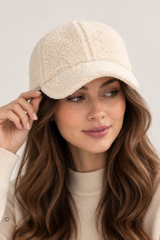 Damen-Lammfellmütze in Creme als Frontansicht, getragen mit breiter Schirmkante.
