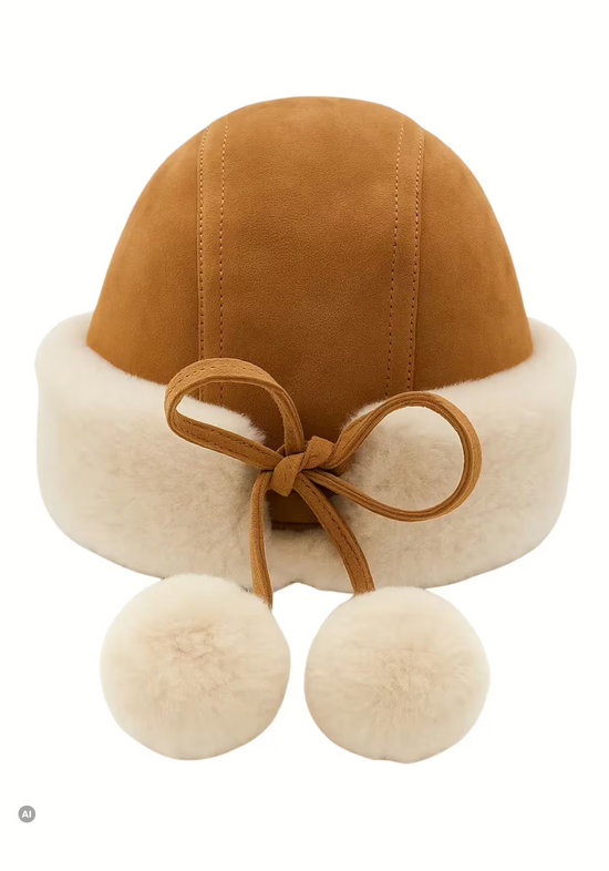 Rückansicht der Damen-Mütze aus Lammfell und Merino in Whisky mit Schleife und zwei Bommeln.