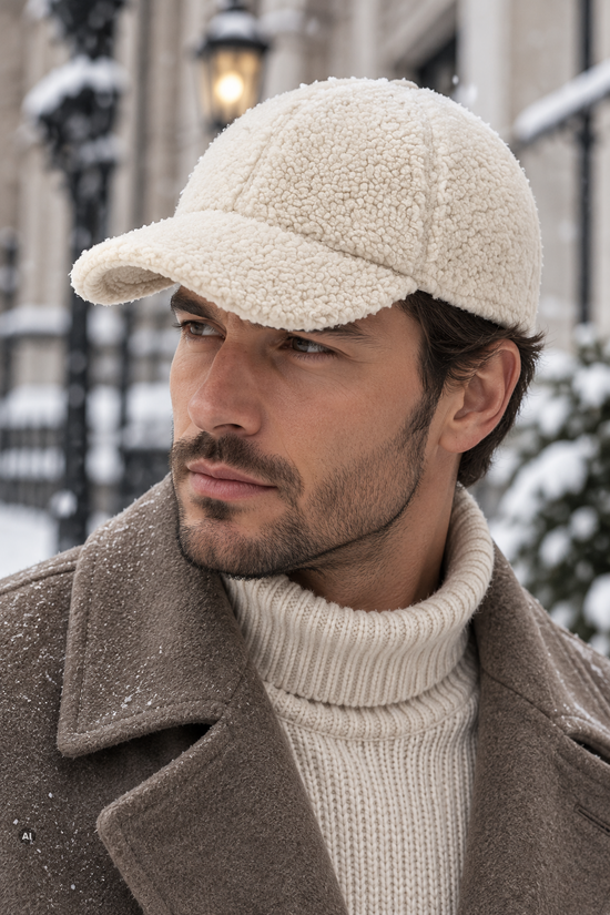Herren-Lammfellmütze in Creme, seitlich getragen mit Schirm vor winterlicher Kulisse.
