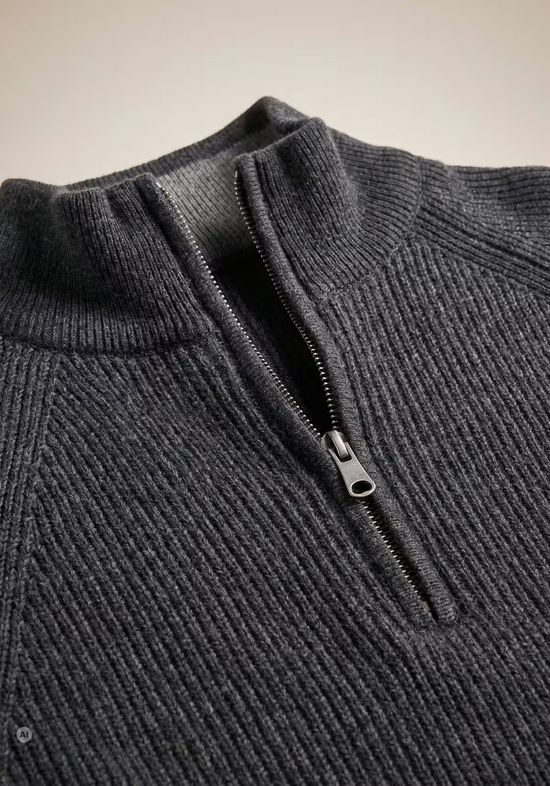 Detailansicht vom Reißverschluss des anthrazitfarbenen Herren-Pullovers aus Merinowolle mit Stehkragen.
