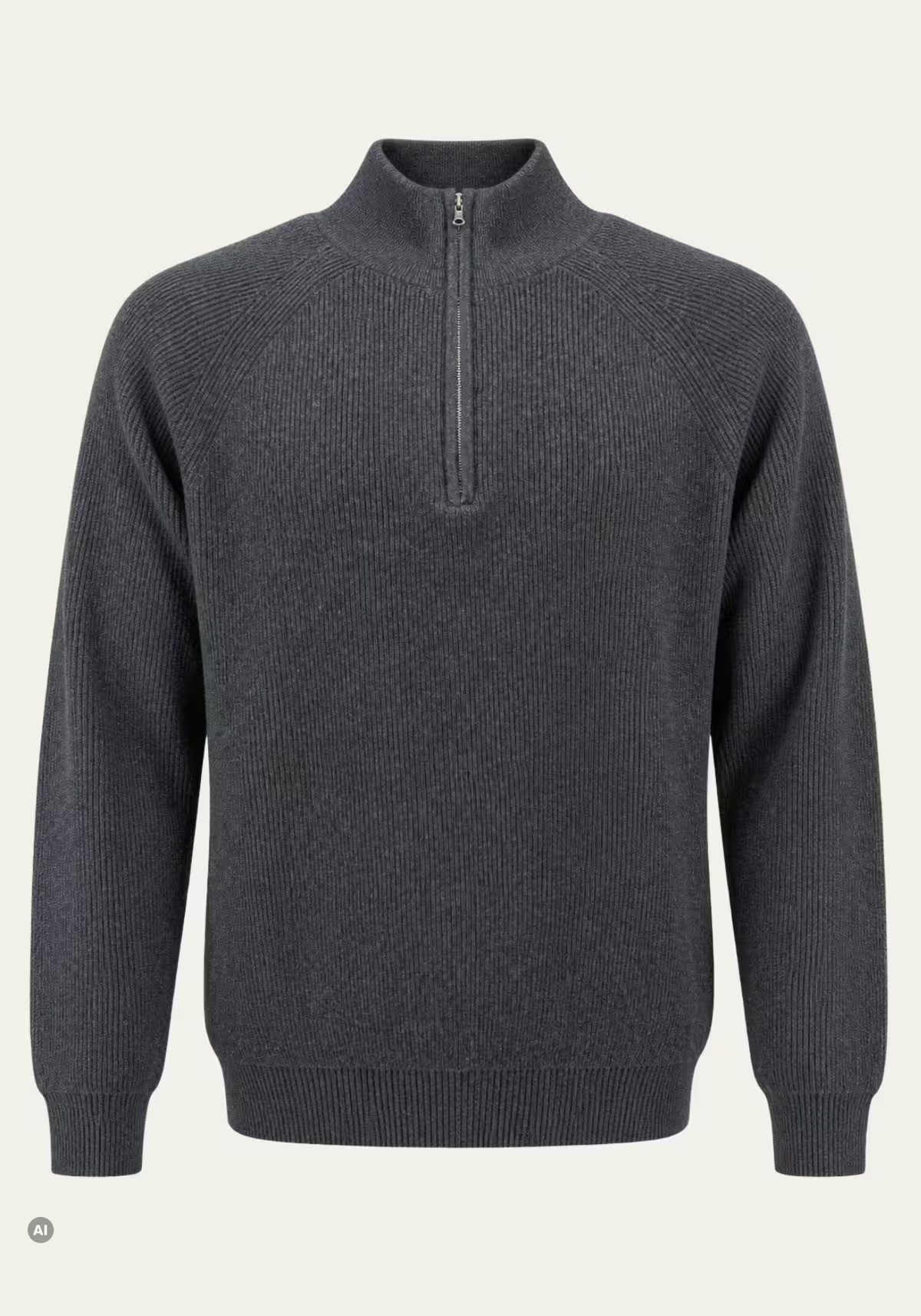 Anthrazitfarbener Herren-Pullover aus Merinowolle mit Stehkragen und kurzem Reißverschluss frontal freigestellt.